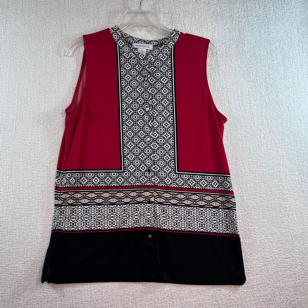 Liz Claiborne Womens Sleeveless Button Front Tunic Geometric Red Black Size M